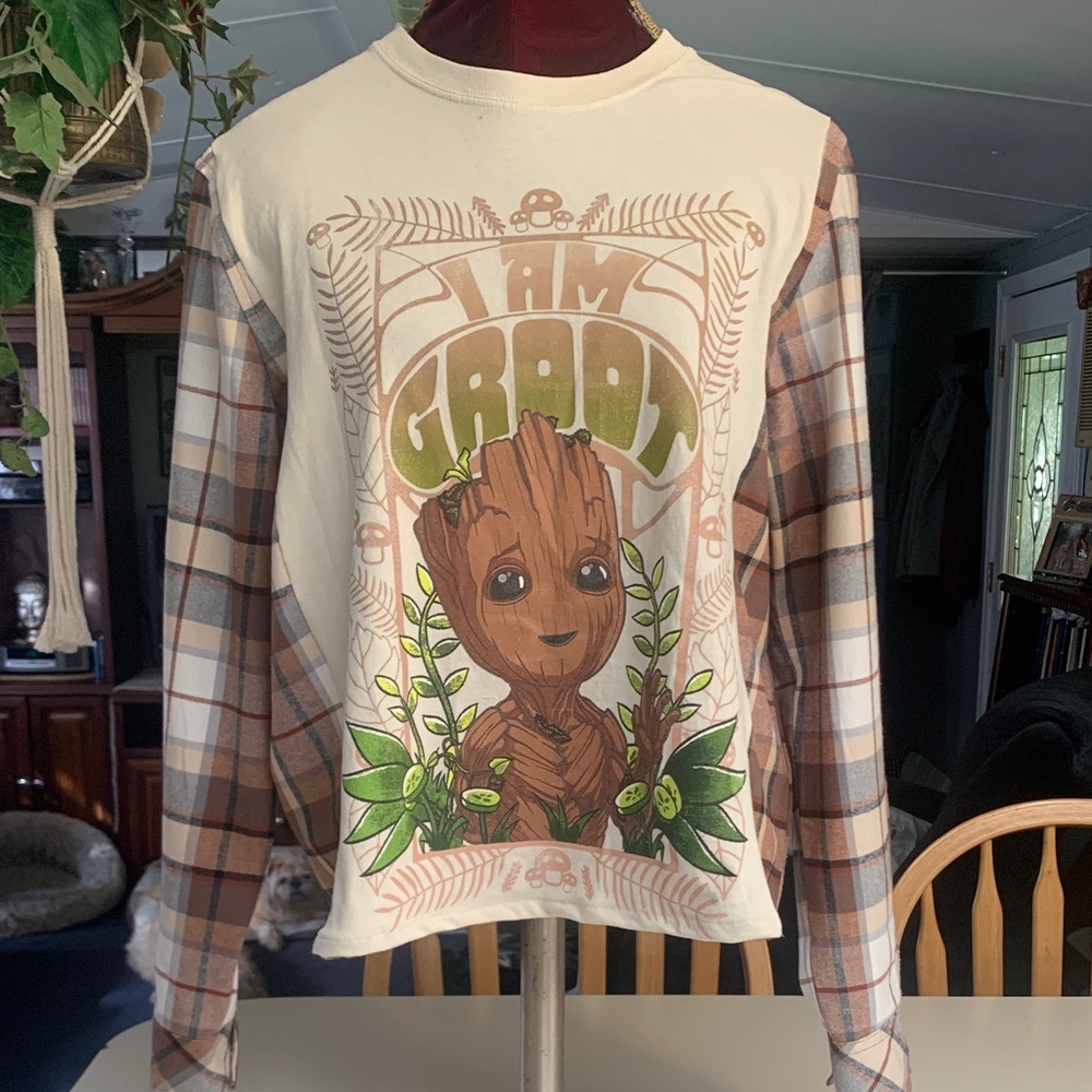 Uocycled “I Am Groot' Graphic Plaid Sleeve Top.